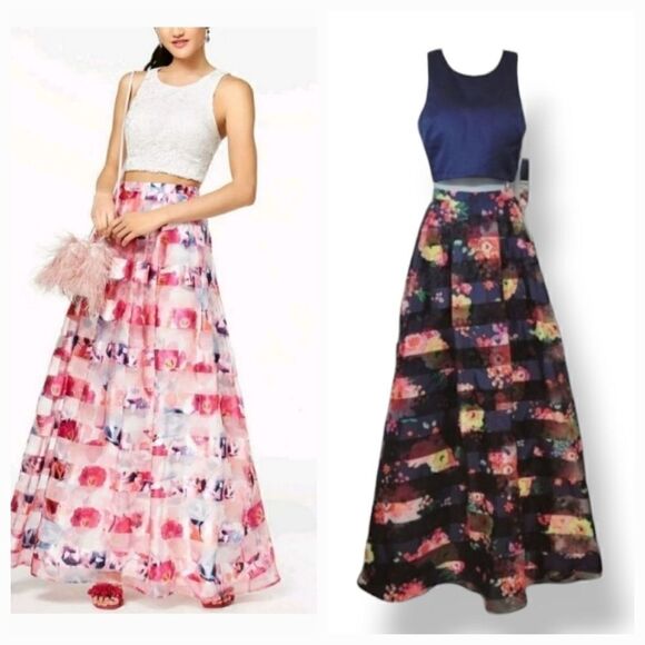 NEW Sequin Hearts 2PC Formal Shadow Stripe Floral Skirt Set in Navy Blue Sz 3/27 - Picture 1 of 16